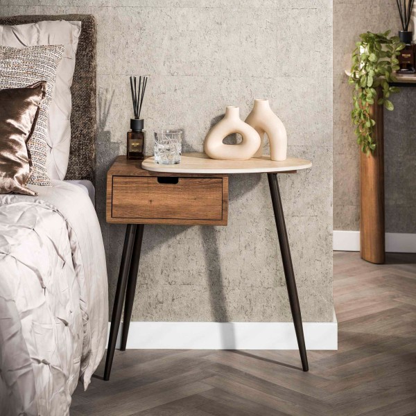 Nachttisch „Tavira Stand R“ – 1 Schublade rechts, Keramik Travertin, Metallfuß Bronze 60×35×60 cm