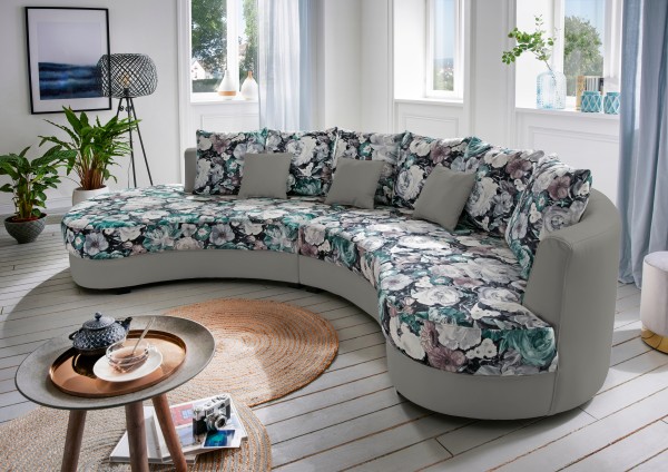 Nierensofa "Madeleine" Blumenmuster hellgrau 306 x 74 x 183 cm (B/H/T) Sofa mit Zierkissen