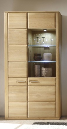 Vitrine "Anriel II" Schrank m. Glaselement, Eiche Bianco, 107x209x38cm, Stauraumschrank, Highboard