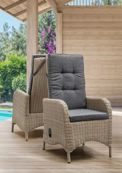 2er Set Hochlehner "Isadora" natur meliert, inkl. Polster grau,Gartensessel, Garten, Balkon Terrasse, Balkonsessel, Loungesessel