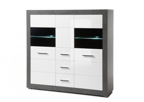 Highboard "Tolero", Dark Concret/weiß Hochglanz, 149 x 142 x 42 cm, Wohnzimmer, Schrank