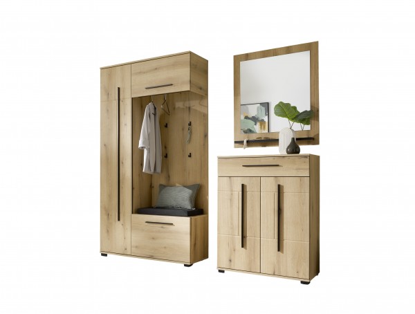 Kompaktgarderobe „Nini“ – 3-teilig mit Spiegel, Stauraumelement & Sitzkissen, Eiche Evoke & Anthrazit 