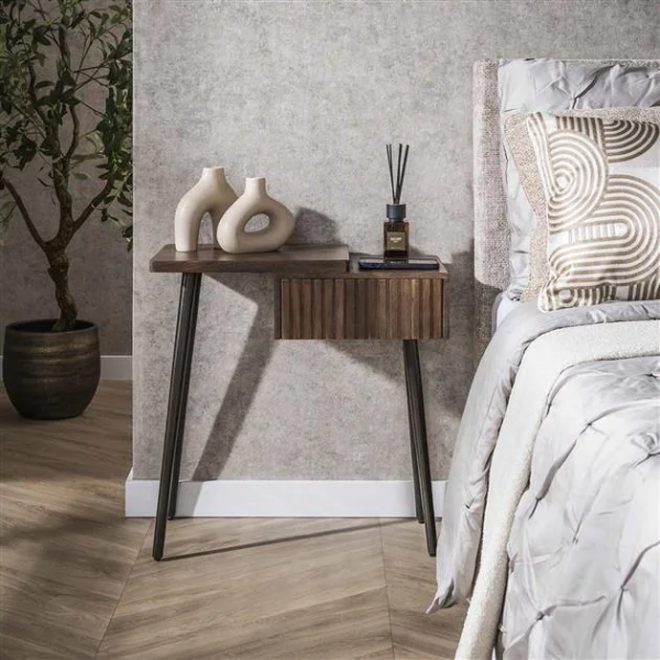 Nachttisch „Vero Stand L“ – 1 Schublade links, Massivholz Akazie braun, Metallfuß 60×30×61 cm