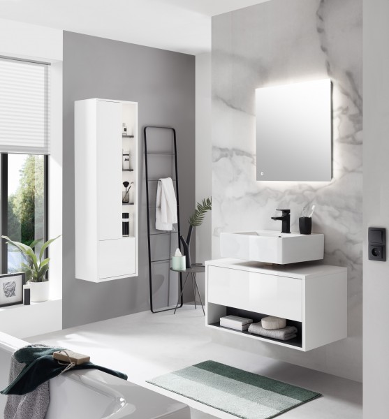 Badezimmer-Set "Studio" 3-teilig, Waschbeckenunterschrank, Hochschrank, LED-Spiegel, Weiß/Anthrazit,