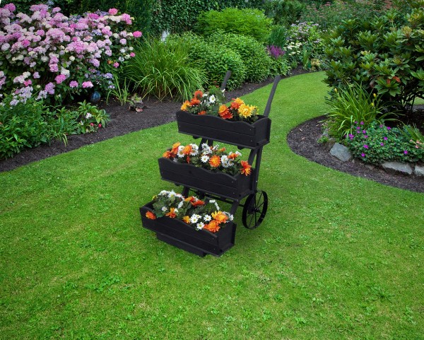 Blumekarre "Magarete II", anthrazit, 68x88x106cm, Kiefer, 3er Blumekasten, Räder, Blumendeko, Garten