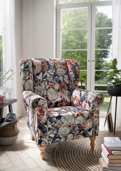 Sessel "Cathy" Blumenmuster hell rot 80 x 102 x 86 cm (B/H/T) 100% Polyester Holzbeine