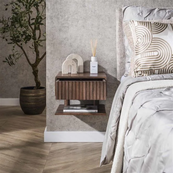 Nachttisch „Vero Shelf“ – schwebend, 1 Schublade, Regal, Massivholz Akazie braun 35×35×27 cm