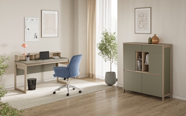 Office Kombi "Stranda" 2tlg. Set, Schreibtisch mit Aufsatz & Highboard, Eukalyptus Skandi Eiche Deko