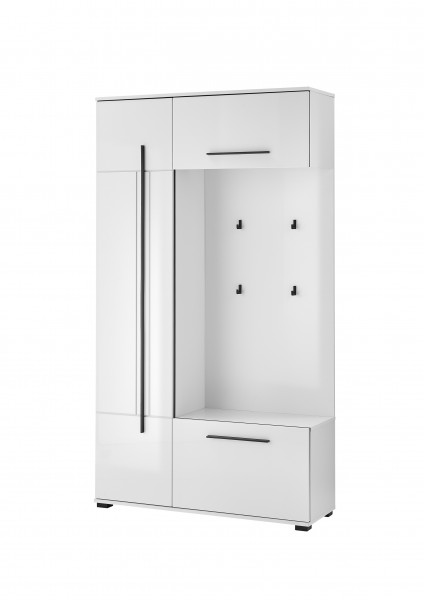 Kompaktgarderobe „Cavina“ – 1 Tür, 2 Klappen, Kleiderstange & 4 Haken, Weiß Hochglanz