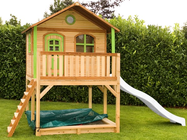 Holzspielhaus "Wieka" weiß grün mit Veranda + Leiter + Rutsche + Sandkasten 212x432x293cm aus Holz