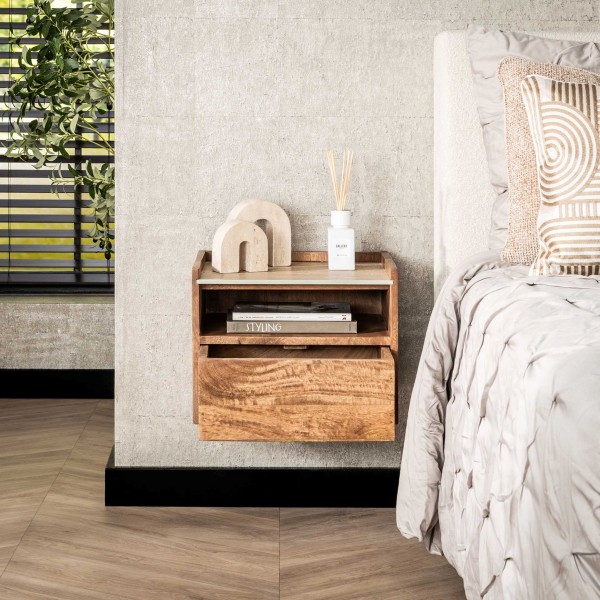 Nachttisch „Terra Open“ – schwebend, offenes Fach & 1 Schublade, Massivholz Mango sand 40×35×30 cm