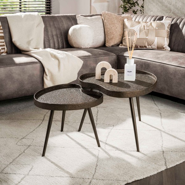 Couchtisch-Set „Lotte“ – 2-teilig, nierenförmig, Bronze-Flüssigmetall, Stahlgestell