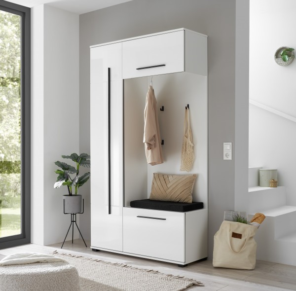 Kompaktgarderobe „Cavina Seat“ – 1 Tür, 2 Klappen, 4 Haken & Sitzkissen, Weiß Hochglanz