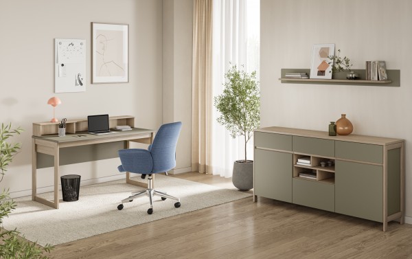 Office Kombi "Stranda" 3tlg., Schreibtisch, Sideboard, Wandboard, Eukalyptus Skandi Eiche