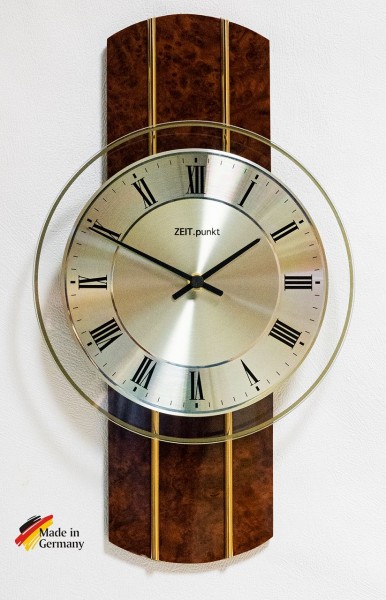 Quarz Wanduhr "Hans" aus Glas, Korpus aus Wurzelholz, Nussbaumoptik, 23x40 cm