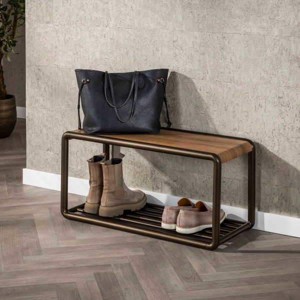 Schuhbank „Ravo“ – Driftbraun, Metallgestell in Bronzeoptik (80 × 35 × 40 cm)
