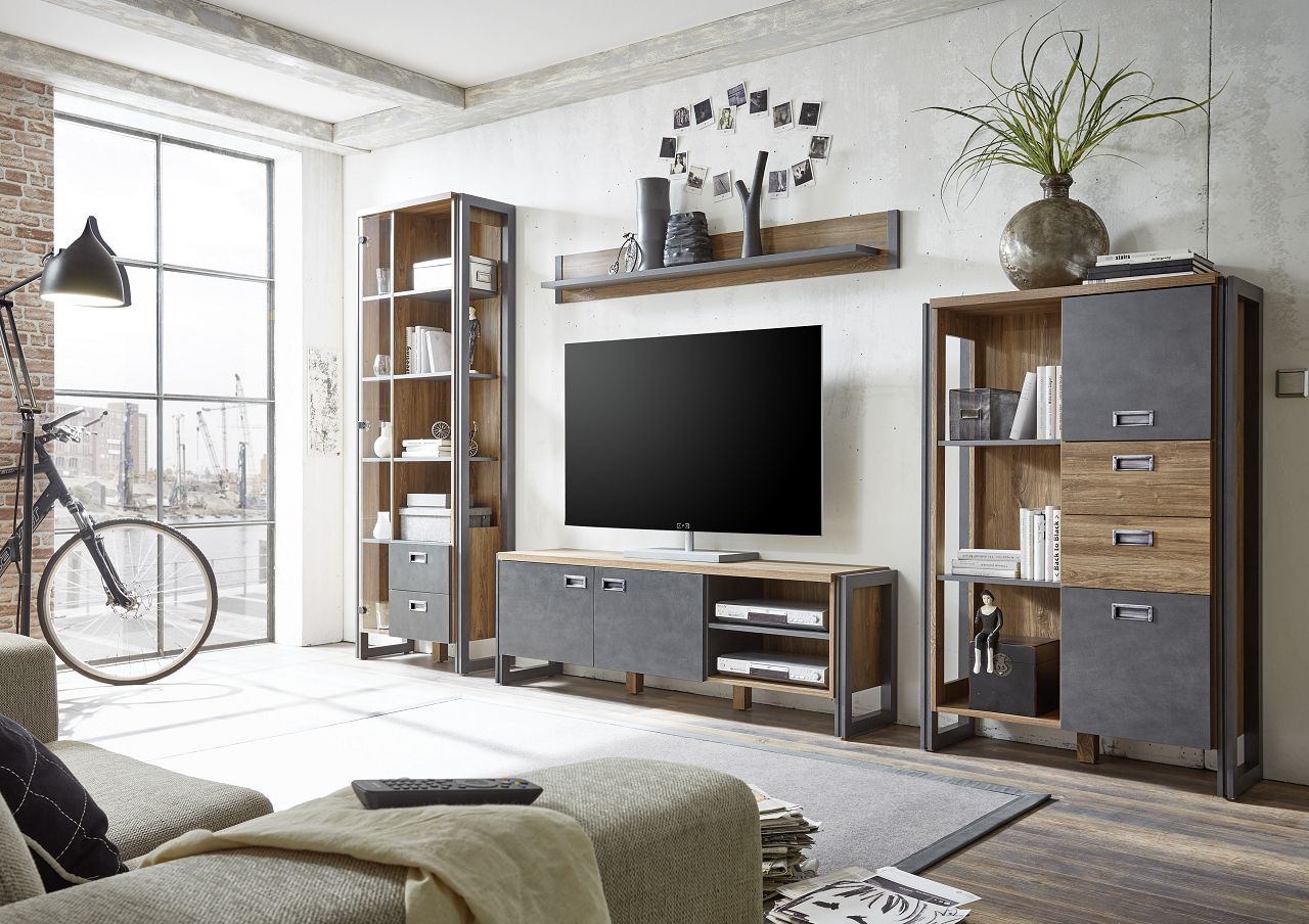 Wohnwand "Java Living III" 4-teiliges Set, Stirling Oak Nachbildung ...