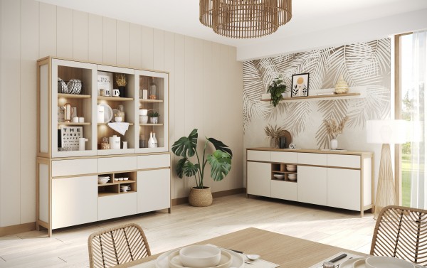 Buffet & Sideboard "Stranda" 2-tlg. Set, Glasrahmentüren, Schubkästen & Drehtüren, Weiß Skandi Eiche