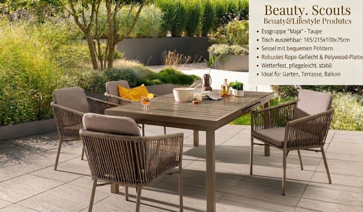 Essgruppe „Maja“ – 1 Ausziehtisch 165/215 x 100 cm + 4 Sessel, Aluminium, Taupe, Garten-Balkonmöbel-Set | Beauty.Scouts