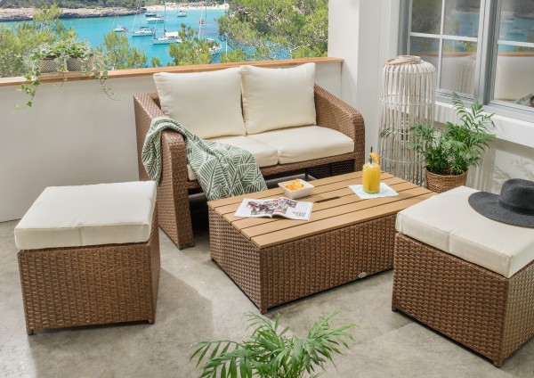 Loungeset "Viviano", 4er-Set, braun/beige + natur, Balkonset, Balkonmöbel, Gartenmöbel