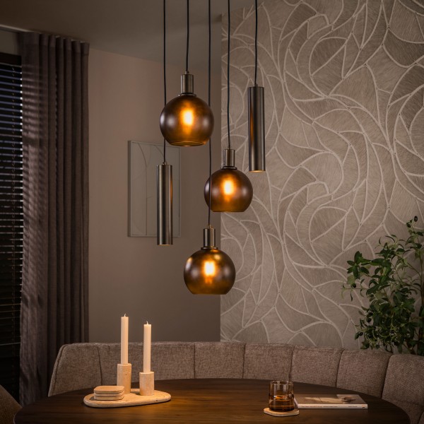 Pendelleuchte „Zahra 5L“ – 5-flammig, Glas & Metall, Sienna Braun-Frosted