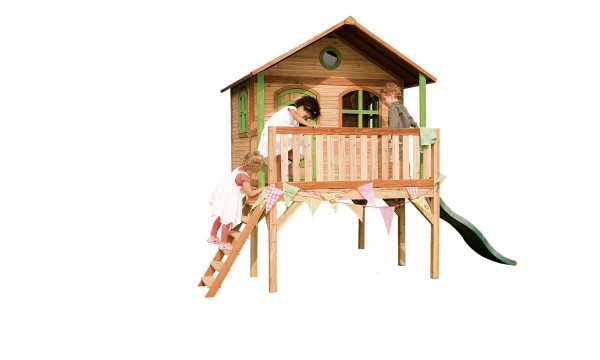 Holzspielhaus "Wiar" mit Veranda + Leiter + Rutsche 200x380x274cm aus Holz in braun