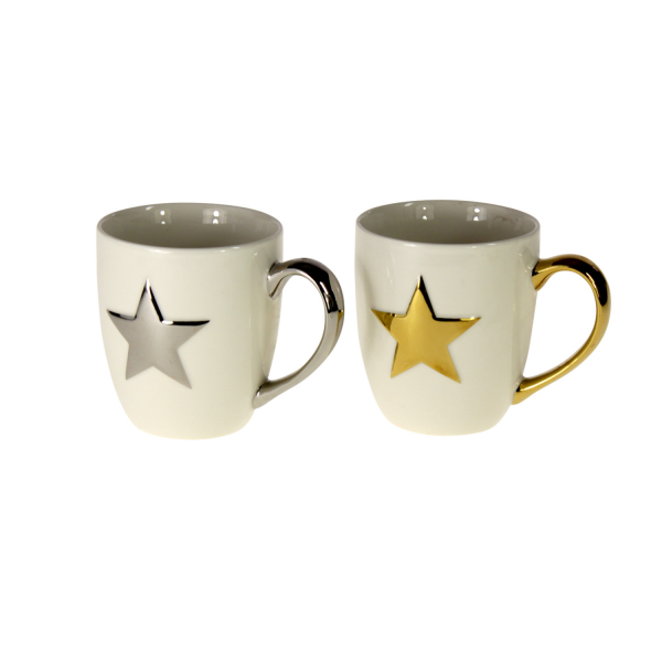 2er Set Becher "Star" New Bone 400 ml Sterne und Henkel in silber und gold Tasse