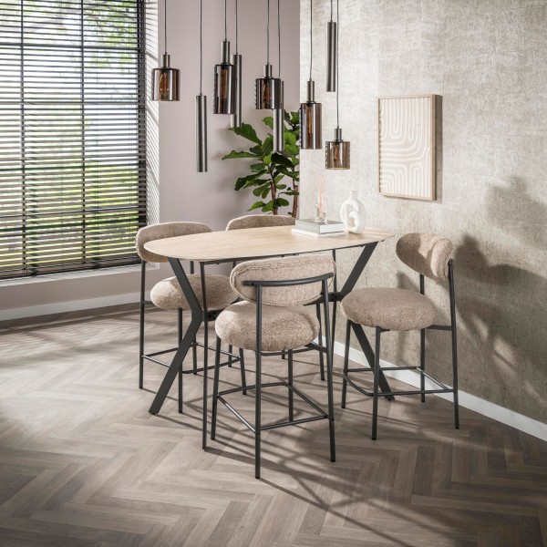 Bartisch „Serafina Luxe“ – Dänisch oval, Travertin-Keramikplatte, modernes Stahlgestell 140 × 92 cm