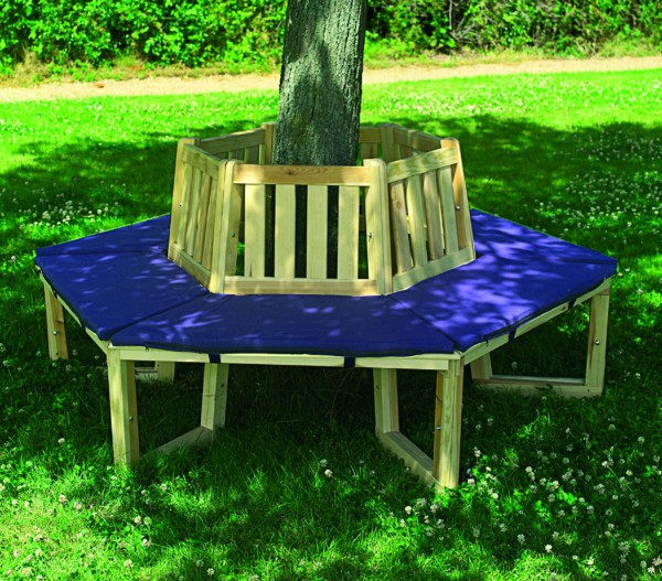 Baumbank "Leon", Kiefer, natur/blau, mit Polster, 70 cm, 360°-Bank, Gartenbank, Bank, Garten