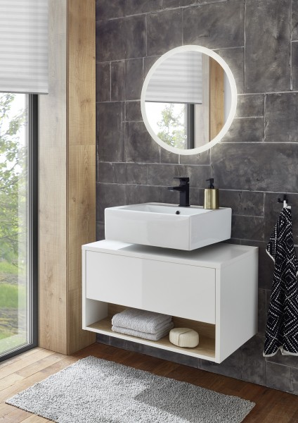 Badezimmer Set "Studio" 2-tlg., Waschbeckenunterschrank, Spiegel mit LED, Weiß Hochglanz/Eiche Dekor