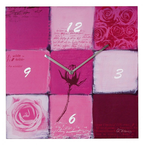 Wanduhr Quartzwanduhr "Pink Roses" Leinen, Küche, Wohnzimmer, Diele/Flur, 40x40 cm, in Pink