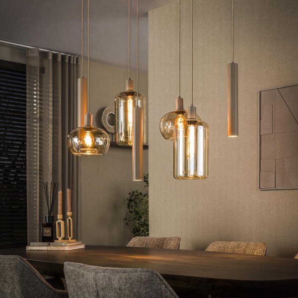 Pendelleuchte „Serenya 7L“ – 4+3 Design, Amberglas Beige, Soft Gold