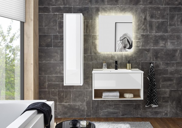 Badmöbel Set "Studio" 3tlg., Schrank, Waschtisch mit Waschbecken, Spiegel mit LED, Weiß Hochglanz, E
