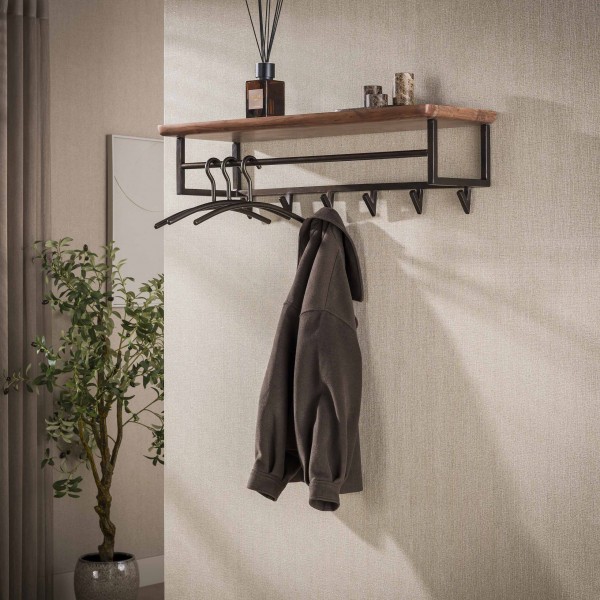 Wandgarderobe „Koka“ – 6 Haken, Hutablage & Kleiderstange, Akazie Massivholz Braun/Bronze