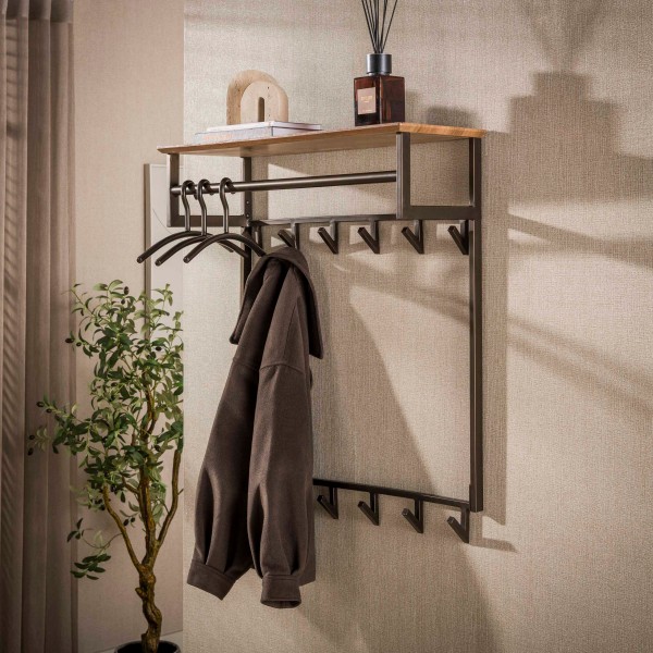 Wandgarderobe „Arvo Tall“ – Drift Brown, Metall, 12 Haken, mit Ablage & Kleiderstange