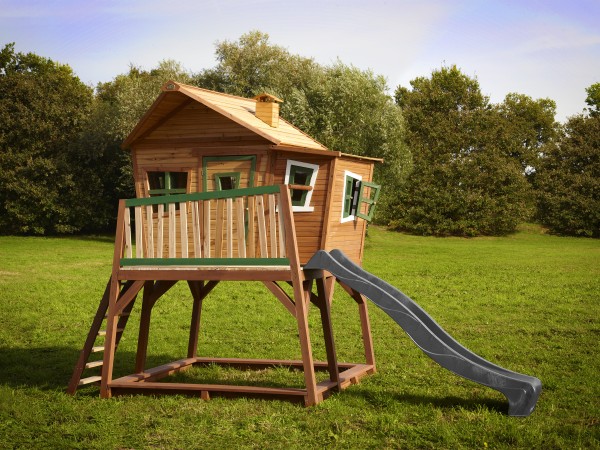 Holzspielhaus "Yvie" grau mit Veranda + Rutsche + Leiter + Sandkasten 193x432x288cm aus Zedernholz