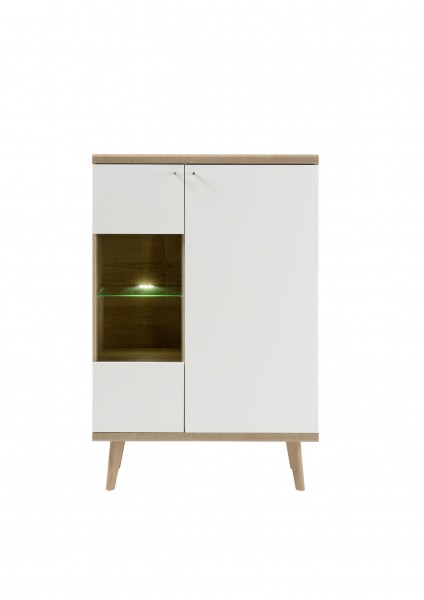 Vitrine "Scandic", Eiche Riviera NB/weiß matt, 90 x 134 x 40 cm, Wohnzimmer, Schrank, Möbel