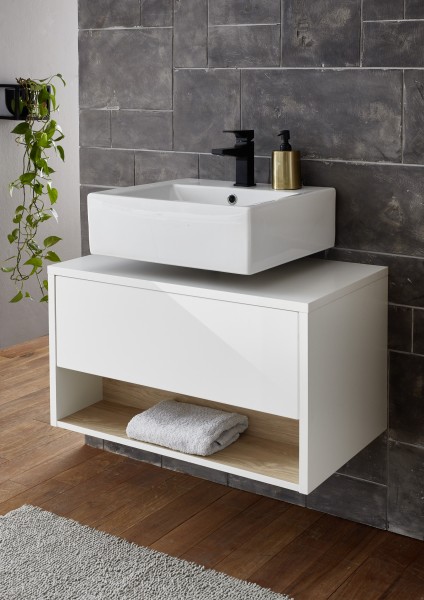 Waschbeckenunterschrank "Studio" wandhängend, 1 Klappe, Front Weiß Hochglanz MDF, Korpus Weiß, Appli