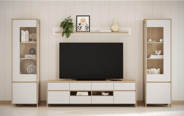 Wohnwand "STRANDA" 4tlg. Set, 2x Standvitrine, Lowboard, Wandboard, Weiß Skandi Eiche/Eukalyptus Ska