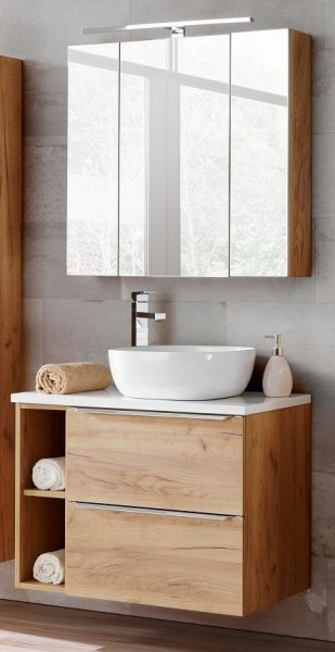 Badmöbelset "Melbourne XIII" Gold Craft Oak 5-teilig, Badezimmerset, Badezimmer inkl. Beleuchtung