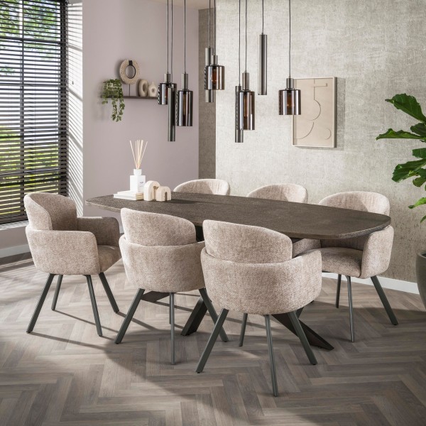 Esstisch „Bronara“ – Dänisch oval, Liquid Metal Finish, Spider-Gestell 215 × 105 cm