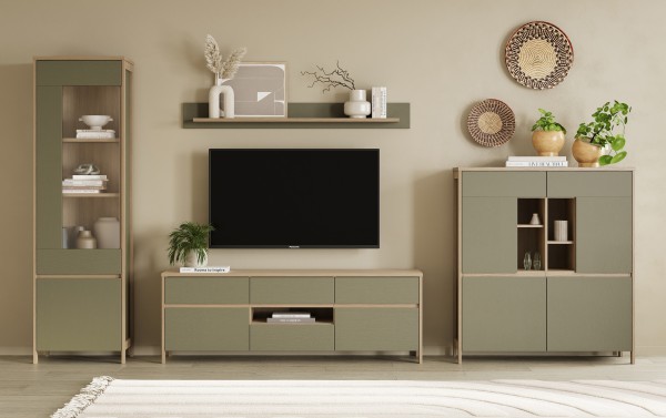 STRANDA Wohnwand Kombi 4tlg., Vitrine, Lowboard, Highboard, Wandboard, Eukalyptus Skandi Eiche