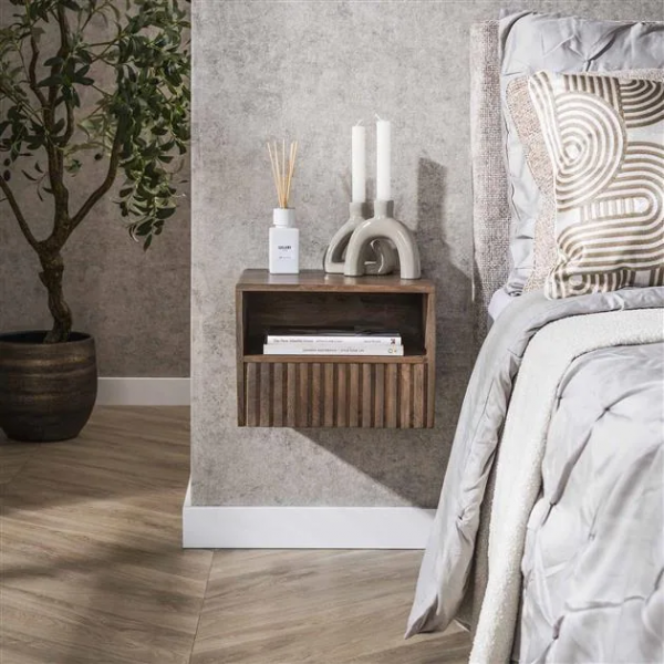 Nachttisch „Vero Open“ – schwebend, 1 Schublade, offenes Fach, Massivholz Akazie braun 35×30×25 cm