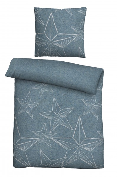 Biberna Melange Flanell Bettwäsche &quot;Stars&quot; blau