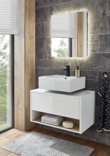 Badezimmer Set "Studio" 2tlg., Waschbeckenunterschrank mit 1 Klappe & LED-Spiegel, Weiß/Eiche Dekor