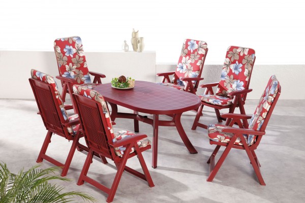 Gartengruppe "Vivi" 13-tlg. bordeaux Tisch oval 6xKlappsessel inkl. Auflage Essgruppe Gartenset