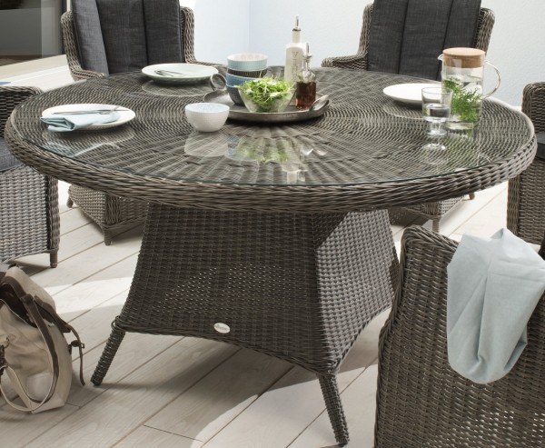 Tisch "Honey", vintage grau, 150 Ø x 76 cm, mit Glasplatte, Gartentisch, Balkontisch, Garten
