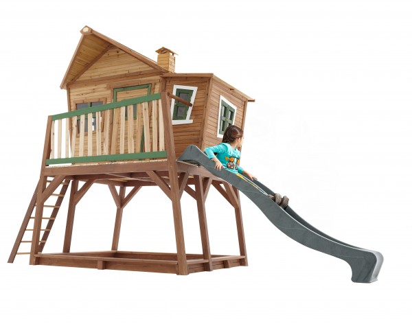 Holzspielhaus "Yvie" mit Veranda + Rutsche + Leiter + Sandkasten 193x432x288cm aus Zedernholz in braun