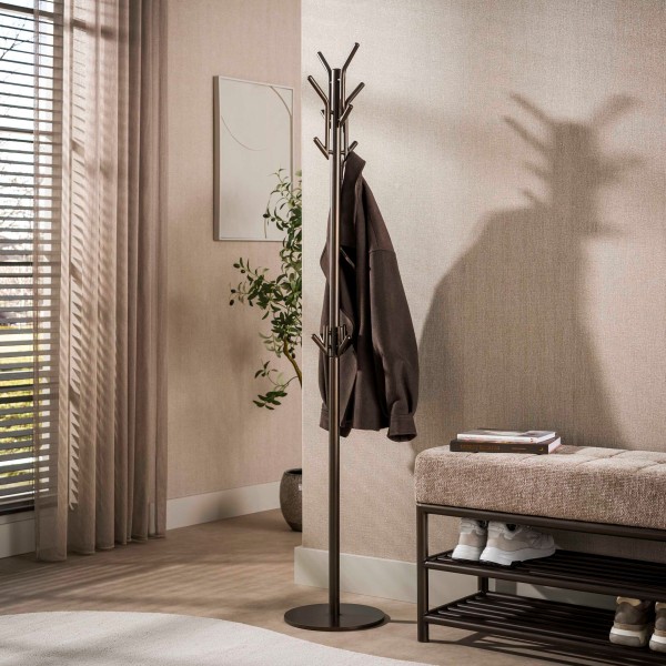 Standgarderobe „Ravo“ – Metall Drift Brown, Garderobenständer mit 12 Haken, 30 cm
