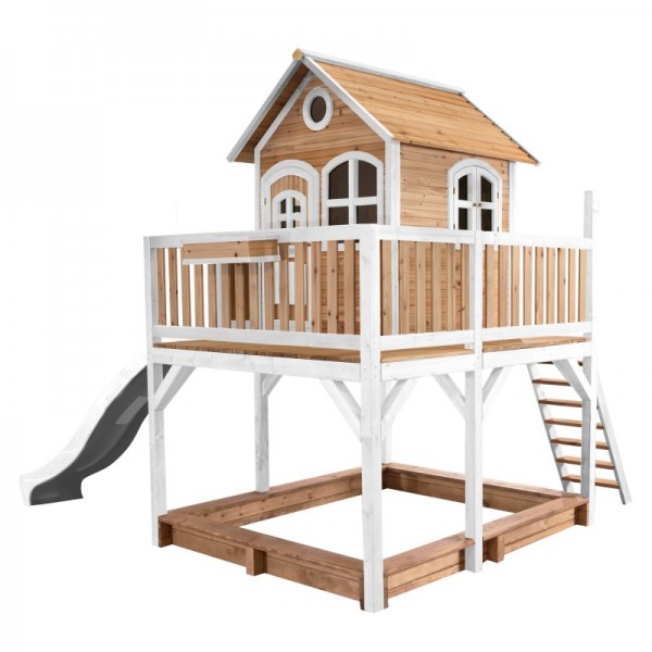 Holzspielhaus "Leon I" 255x377x291cm, Holz, braun-weiß, Rutsche+Sandkasten